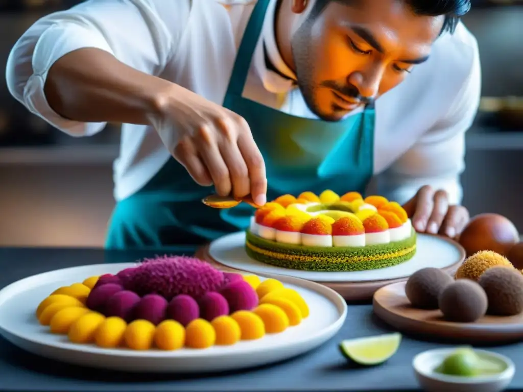 Un estilista alimentario experto prepara con precisión un postre peruano, resaltando colores y texturas