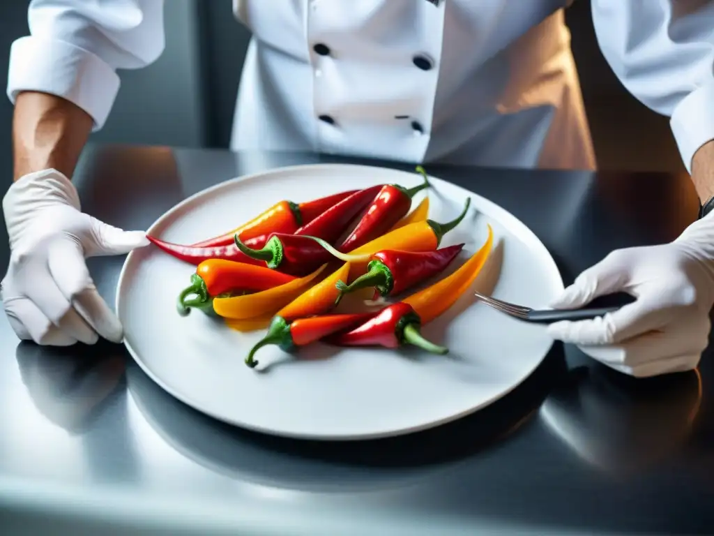 Un estilista para platos picantes crea una obra de arte con rocotos rojos frescos en un plato blanco