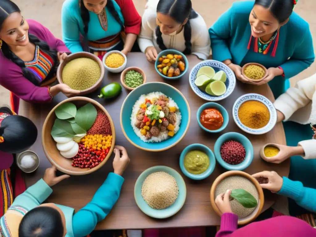 Estudiantes peruanos disfrutan de cultura culinaria peruana con ingredientes autóctonos en mesa colorida