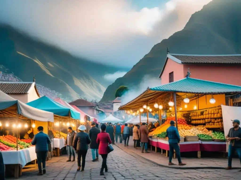 Eventos gastronomía peruana pisco vino en animado mercado callejero peruano, coloridas paradas y ambiente festivo