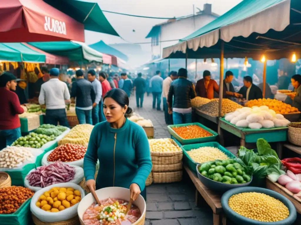 Éxito gastronómico en feria de comida peruana, con ceviche, anticuchos y causa, mostrando la vibrante cultura culinaria de Perú