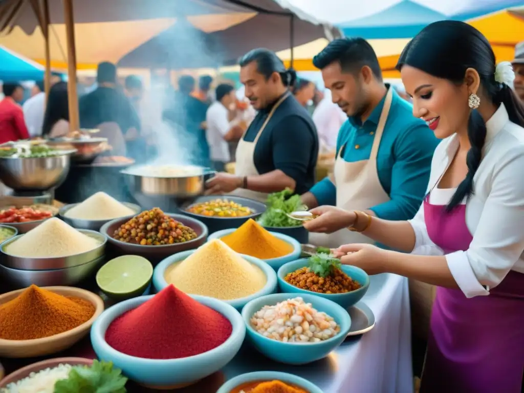 Éxito gastronómico peruano en feria de comida: coloridos platos como ceviche y lomo saltado