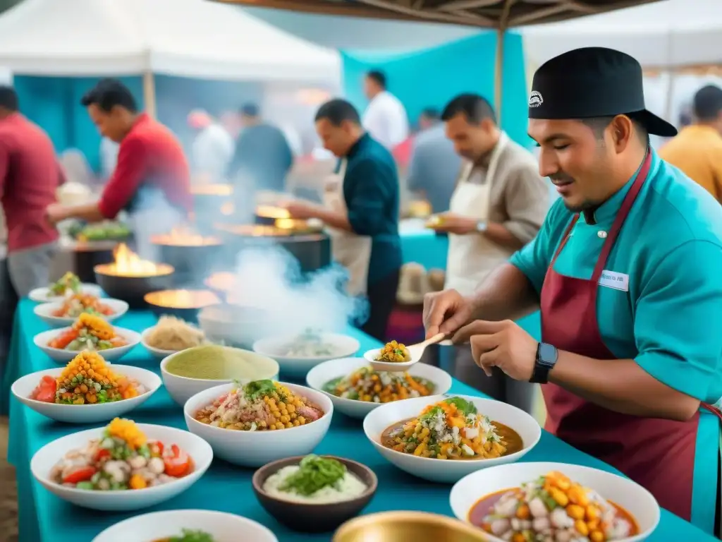 Exitosa feria de comida peruana, vibrante y detallada, con coloridos platos tradicionales y chefs expertos preparando ceviche