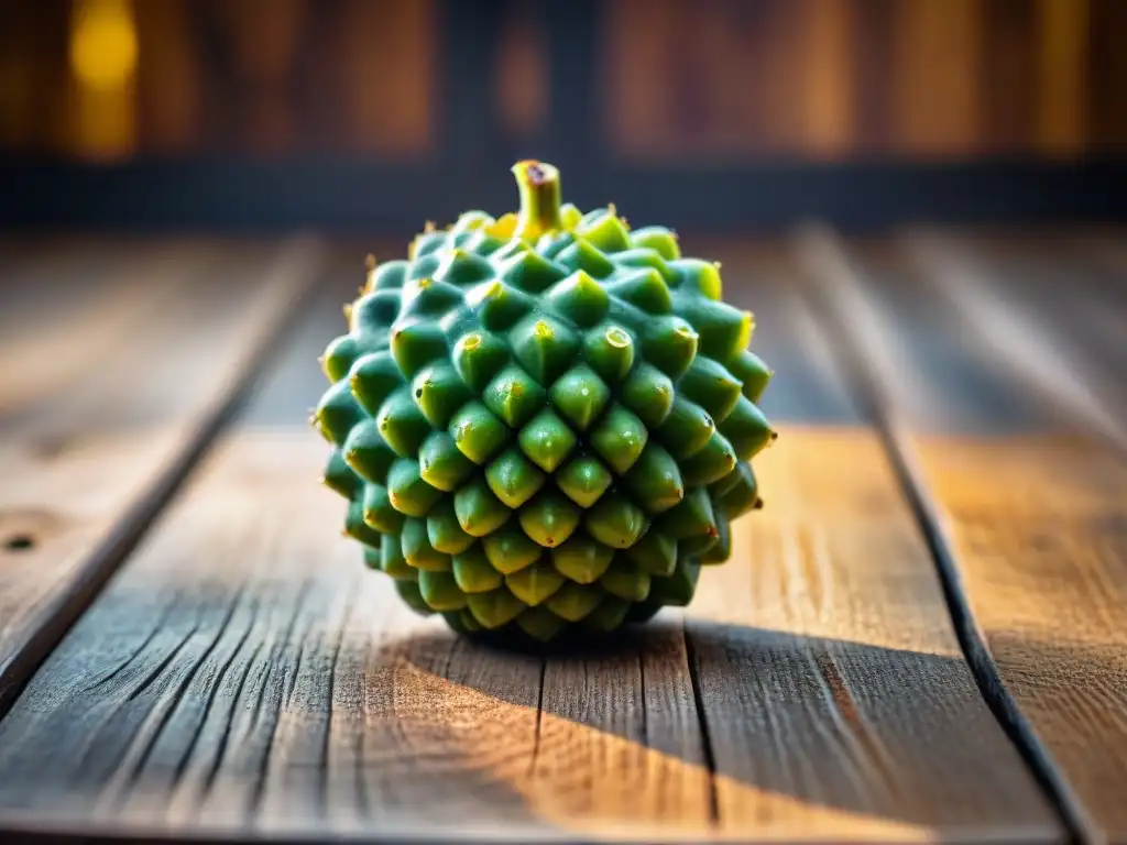 Chirimoya exótica del Perú: fruta madura con piel verde escamosa, pulpa blanca cremosa y semillas oscuras, sobre mesa de madera