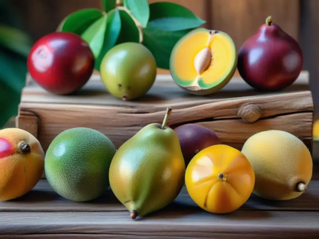 Exóticas frutas peruanas brillantes en mesa de madera rústica, listas para jugos naturales