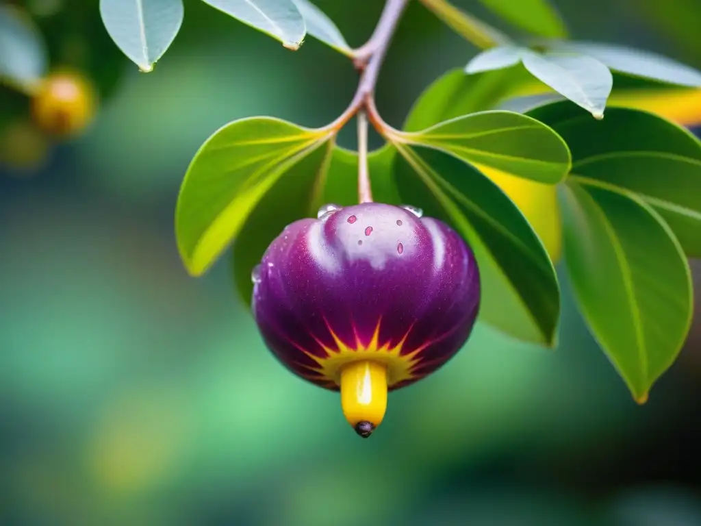 Exótico fruto morado de la selva amazónica peruana con gotas de agua brillantes