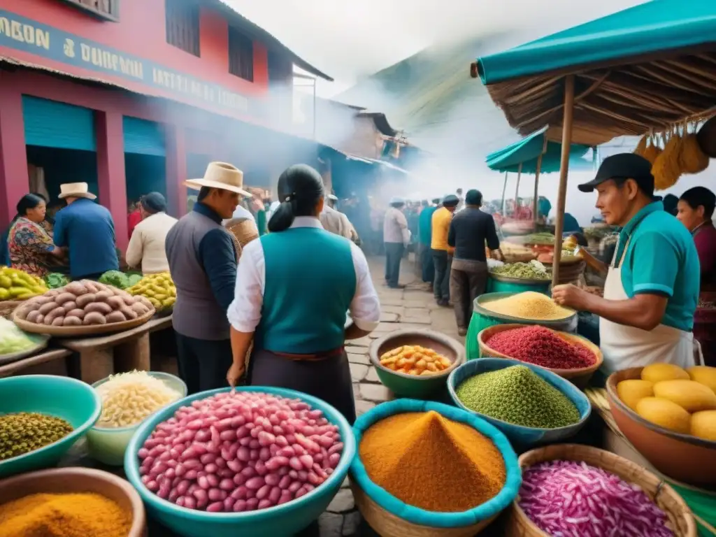 Mejorando experiencia culinaria comida peruana en animado mercado con platos tradicionales y colores vibrantes