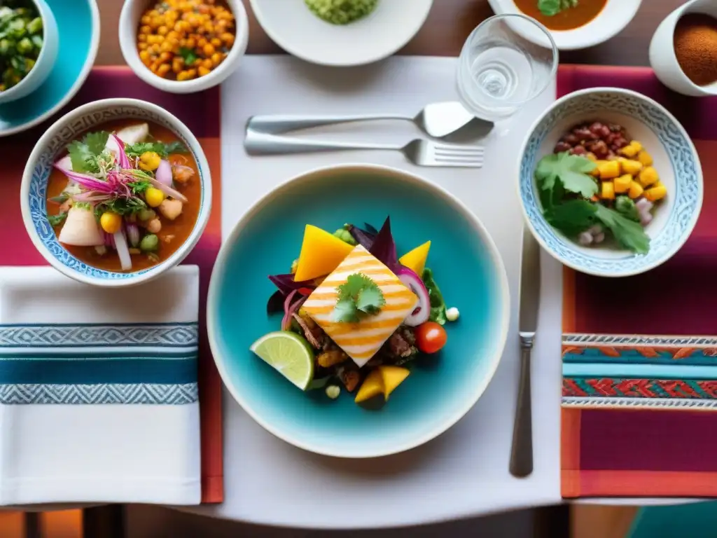 Experiencia culinaria en restaurante de lujo en Lima: mesa elegante con ceviche, lomo saltado y causa, decorada con textiles e ingredientes peruanos