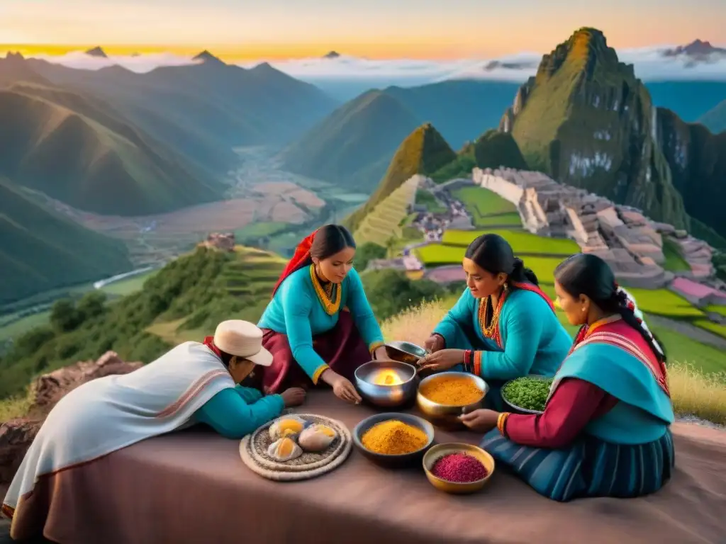 Una experiencia gastronómica en la montaña de siete colores al atardecer con mujeres Quechua preparando una comida tradicional