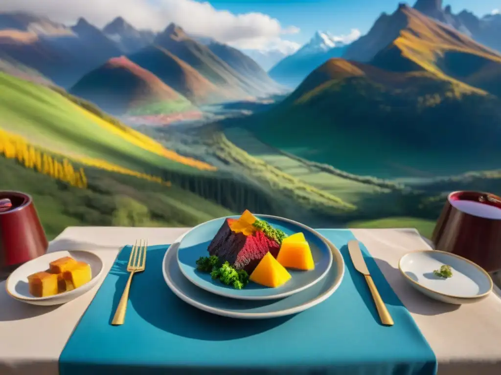 Experiencia gastronómica en la montaña siete colores: cena de lujo frente a un paisaje vibrante y multicolor