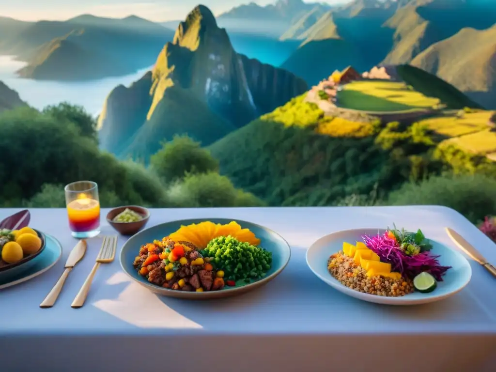 Experiencia gastronómica en la montaña siete colores: mesa colorida con platos peruanos en un acantilado al atardecer