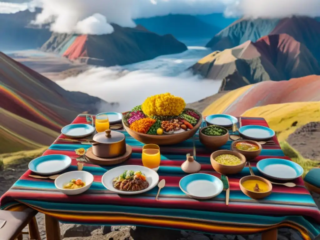 Una experiencia gastronómica en la montaña de siete colores con mesa decorada y platos tradicionales andinos