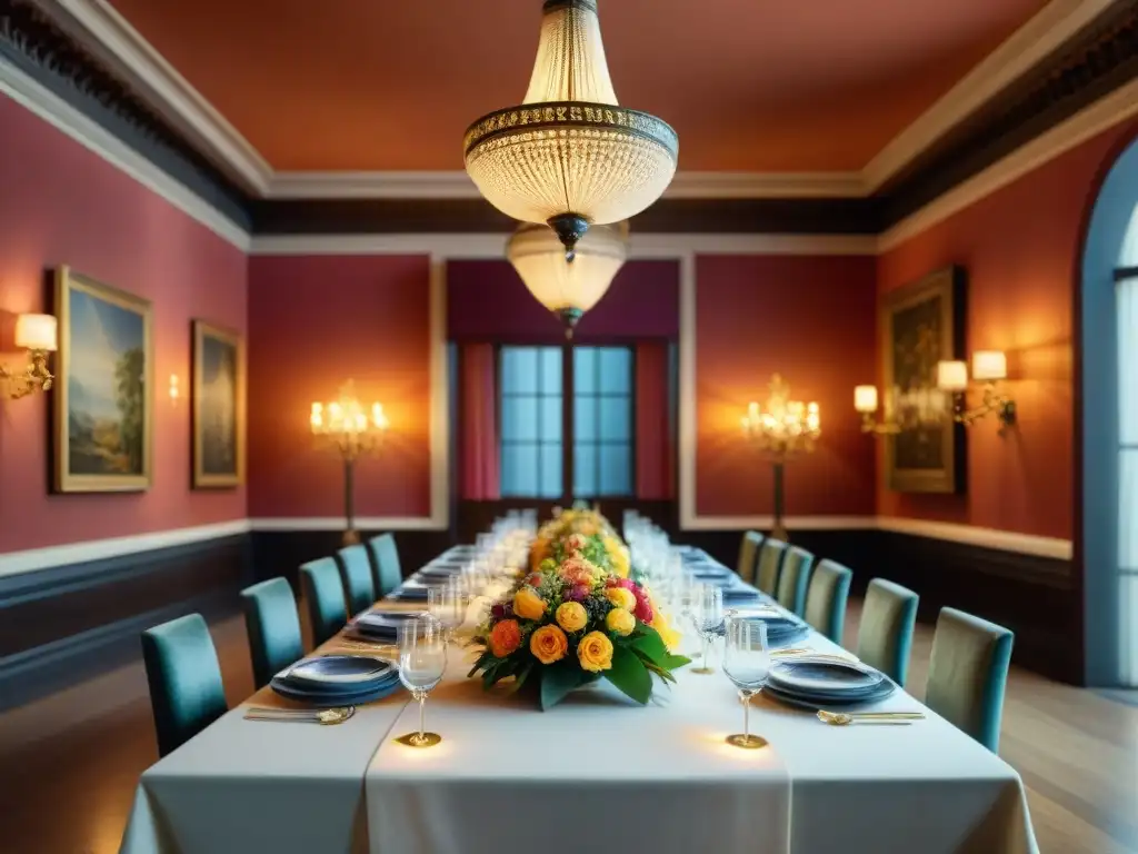 Experiencia gastronómica en museo Lima: Elegante comedor con fina vajilla y cálida iluminación ambiental
