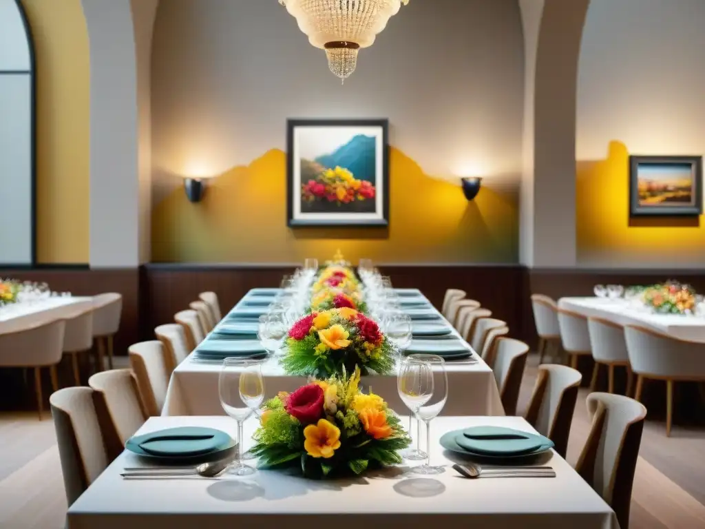 Experiencia gastronómica en museo Lima: Mesa elegante, flores coloridas, luz cálida, comensales felices y deliciosa comida peruana