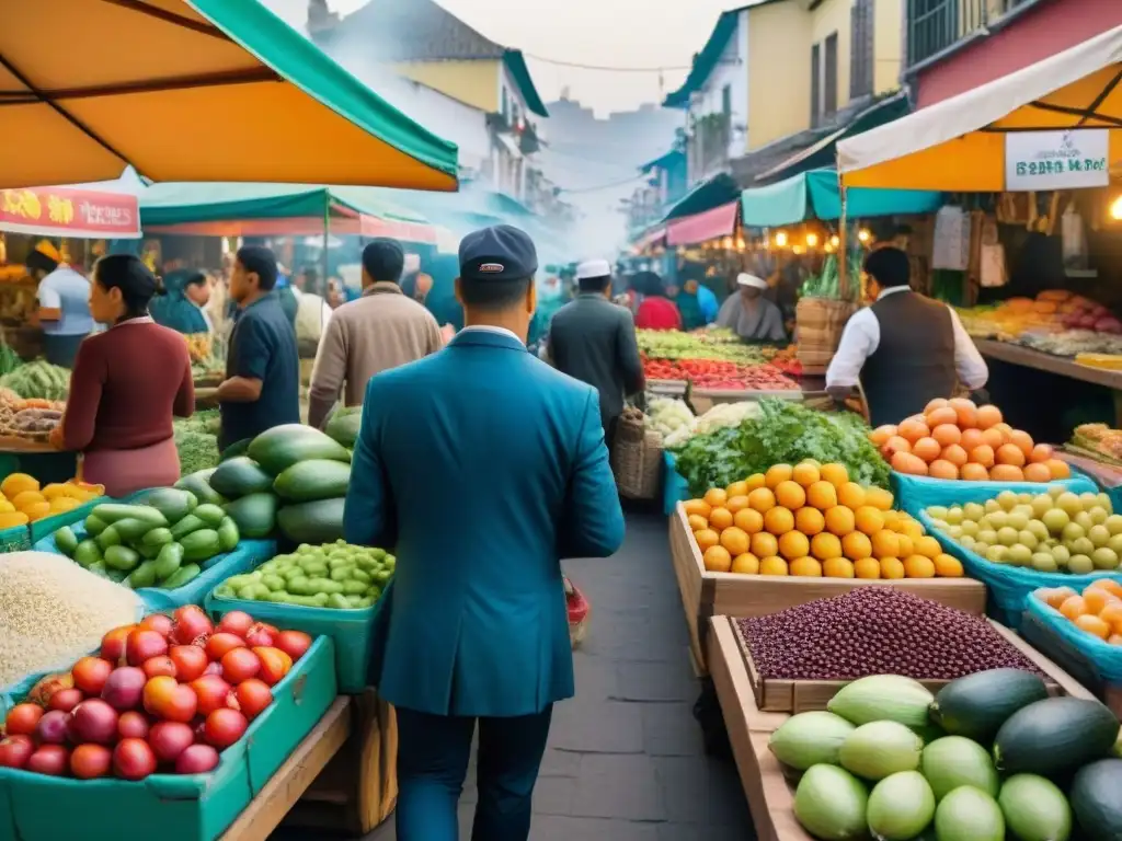 Una experiencia gastronómica premium en un bullicioso mercado de Lima, con colores vibrantes y delicias locales