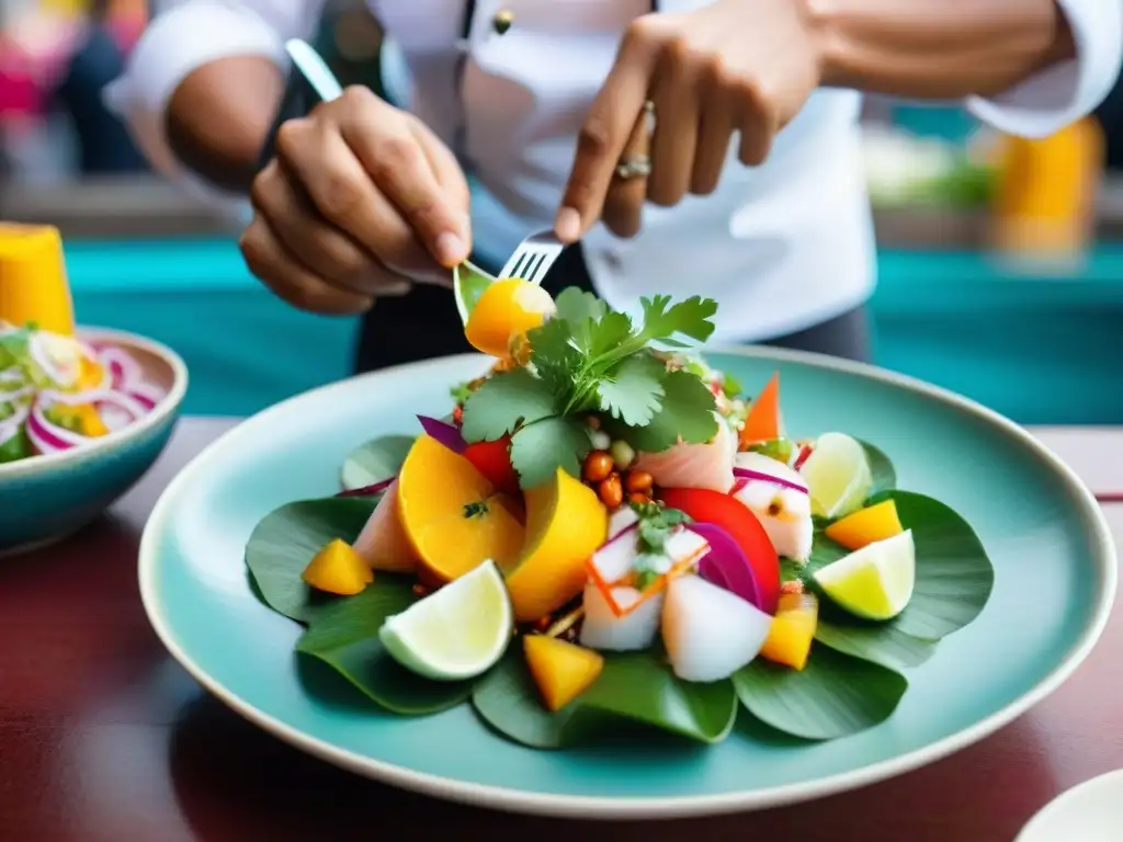 Experiencia gastronómica premium en Lima: Chef preparando ceviche en mercado concurrido