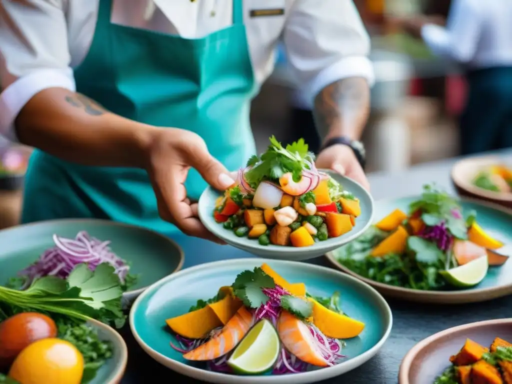 Una experiencia gastronómica premium en Lima: ceviche peruano colorido y fresco en un mercado bullicioso