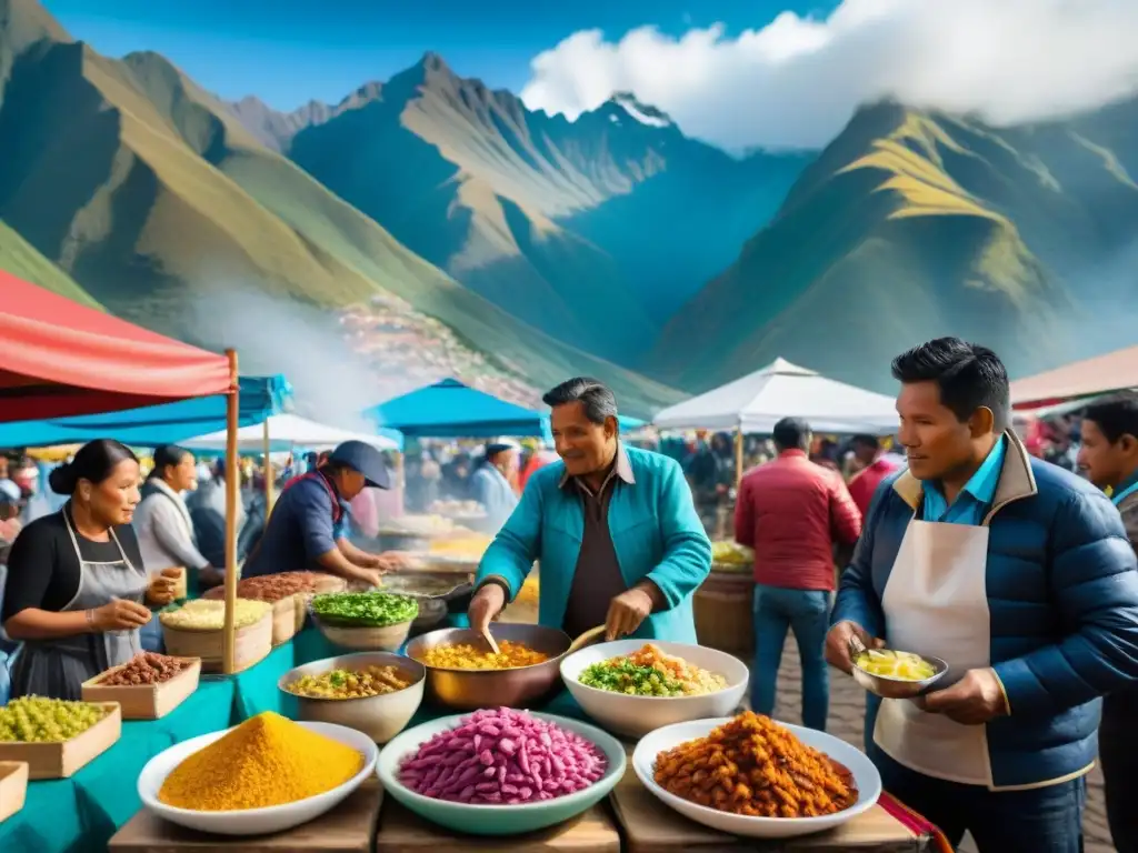 Experiencia inmersiva de la gastronomía peruana en realidad virtual en un bullicioso mercado peruano con platos tradicionales