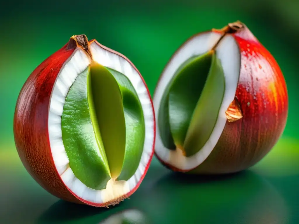 Una experiencia sensorial: la vibrante cocona partida exhibe su jugosa pulpa roja y semillas brillantes bajo el sol