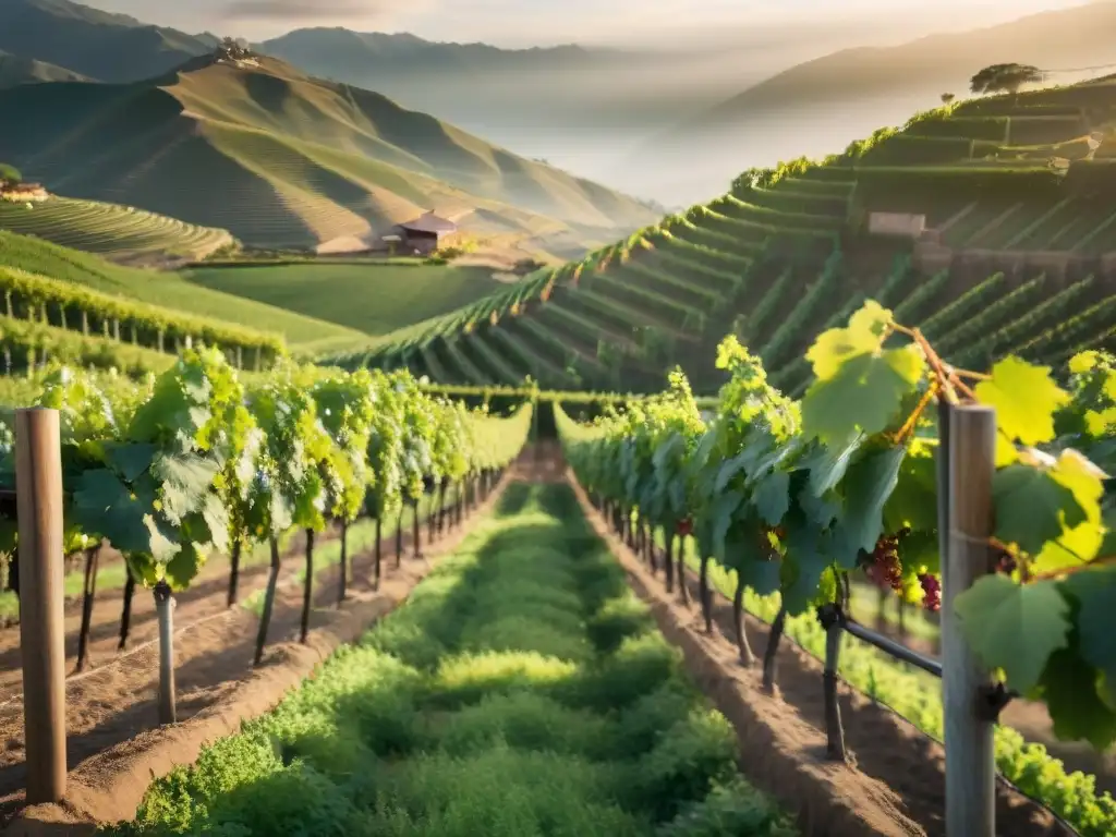 Experiencia sensorial en viñedos peruanos: Detalles de uvas verdes brillando bajo el sol dorado, con gotas de rocío y colinas al fondo