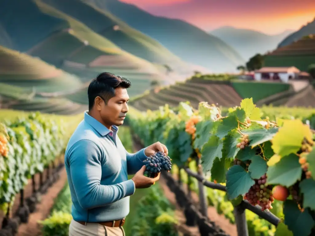 Experiencia sensorial viñedos peruanos: Atardecer en viñedo peruano con viticultor inspeccionando uvas al sol poniente