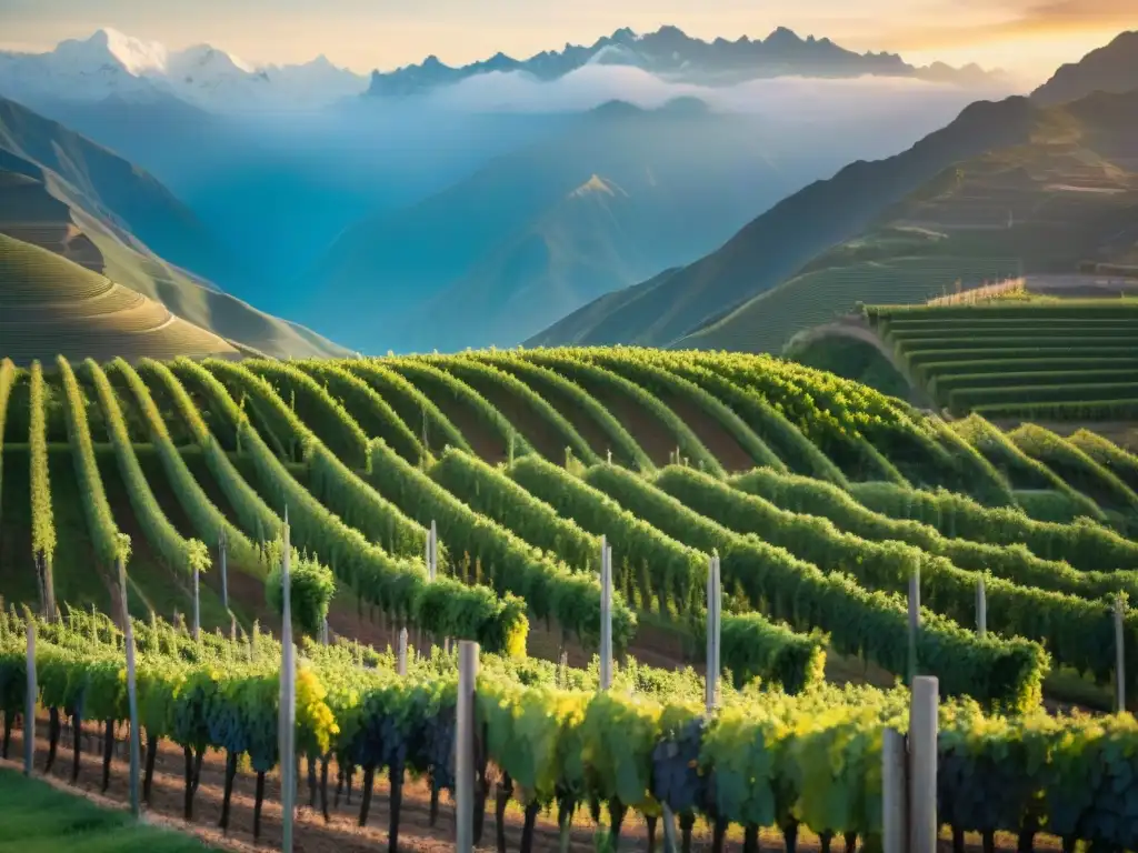 Experiencia sensorial viñedos peruanos al amanecer: uvas verdes brillantes, Andes nevados y trabajador en poncho