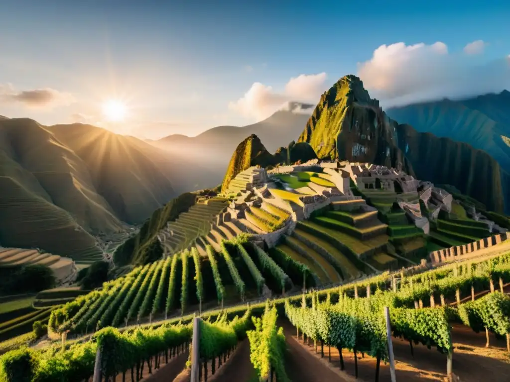 Experiencia sensorial en viñedos peruanos al atardecer, donde el sol ilumina los campos de uvas y un agricultor trabaja con dedicación