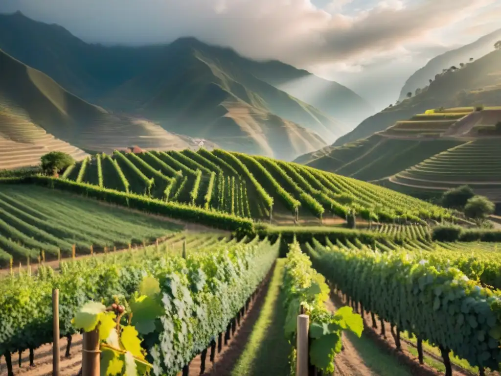 Experiencia sensorial viñedos peruanos: Sol dorado ilumina vides verdes con racimos de uvas brillantes, Andes difuminados al fondo