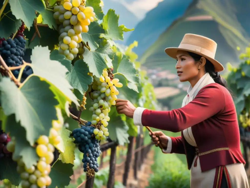 Experiencia sensorial en viñedos peruanos: Trabajadores cosechando uvas bajo el sol dorado, rodeados de montañas andinas