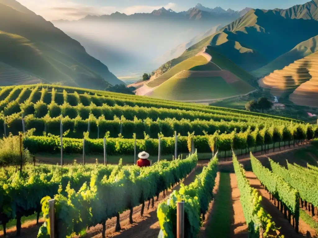 Experiencia sensorial en viñedos peruanos al atardecer, con filas de uvas y un agricultor inspeccionando meticulosamente