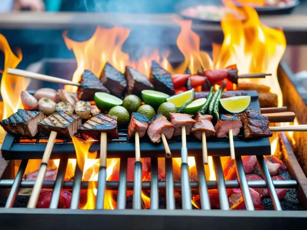 Experiencia vibrante de parrilla peruana: técnicas y secretos, con colores y sabores intensos en un mercado al aire libre