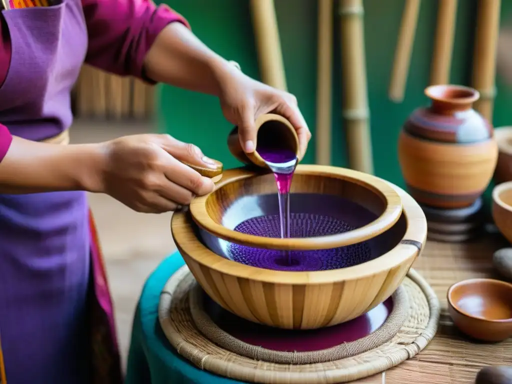 Las experimentadas manos de una mujer andina vierten líquido púrpura a través de un colador de bambú, en una cocina andina colorida