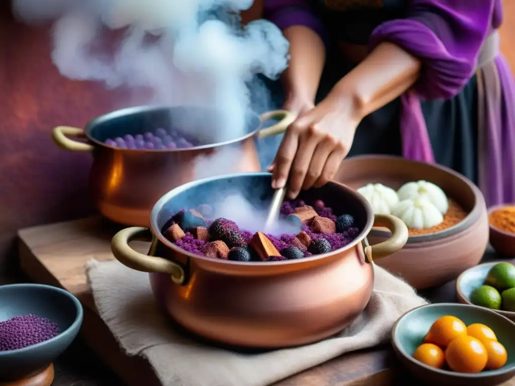 Las experimentadas manos de una mujer peruana remueven con destreza una olla de cobre llena de Mazamorra Morada, en una cocina rústica