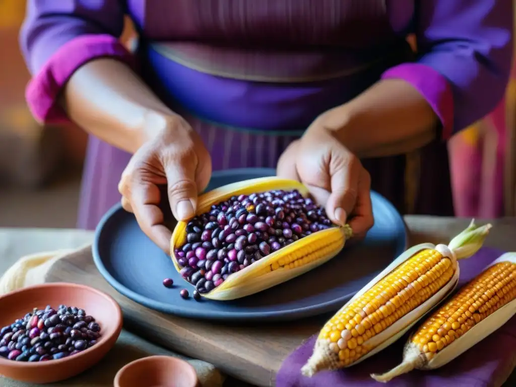 Las experimentadas manos de una mujer peruana sostienen mazorca morada, listas para preparar chicha morada