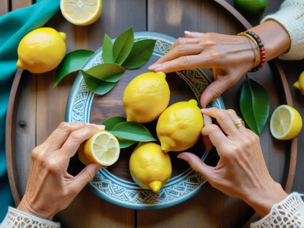 Las experimentadas manos de una mujer peruana exprimen limones para hacer limonada de hierba luisa, mostrando su herencia cultural