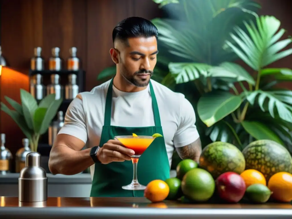 Un experimentado barman prepara con precisión aguajina y camu camu en un elegante bar rodeado de exuberante vegetación amazónica y frutas exóticas