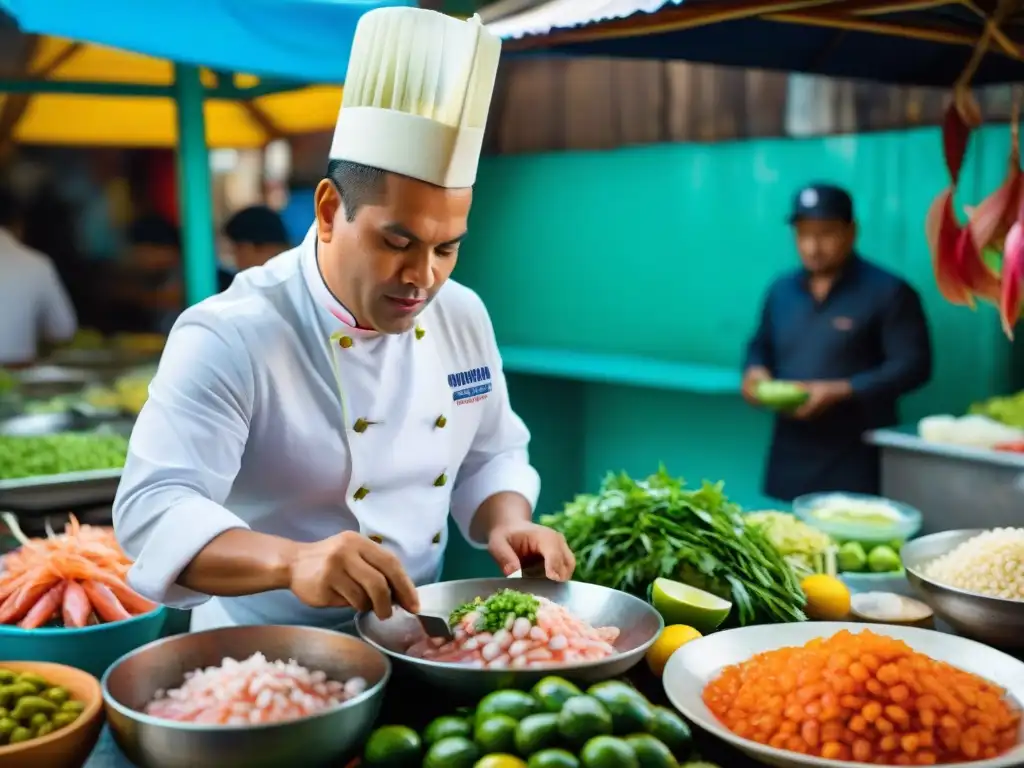 Un experimentado chef preparando ceviche peruano en un mercado local de Lima, rodeado de ingredientes frescos y coloridos puestos de mariscos