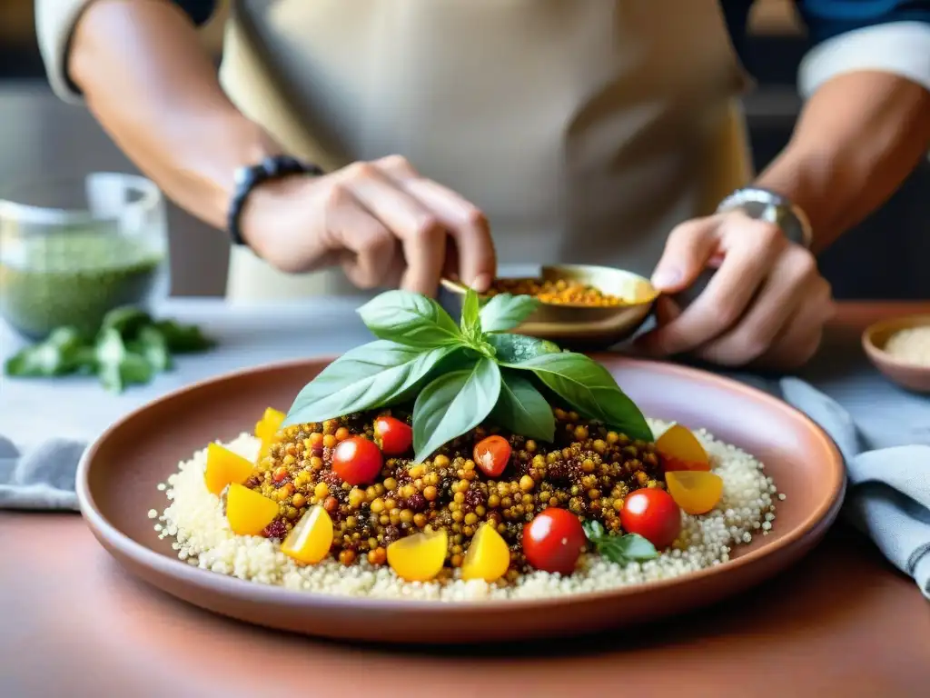 Un experimentado chef peruano vierte aceite de Sacha Inchi sobre una colorida ensalada de quinua