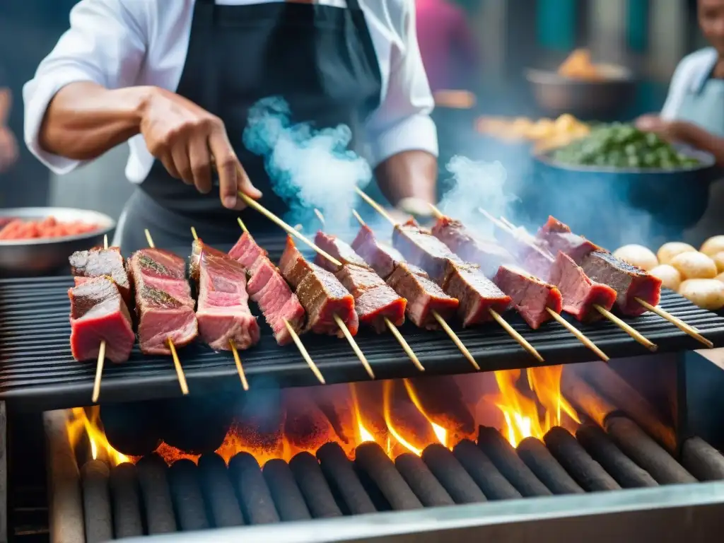 Un experimentado chef peruano ensarta corazón en anticuchos en un animado mercado de Lima, destacando la gastronomía peruana