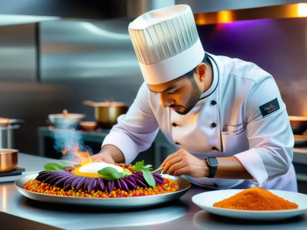 Un experimentado chef peruano fusiona técnicas modernas al preparar un plato tradicional en una cocina contemporánea