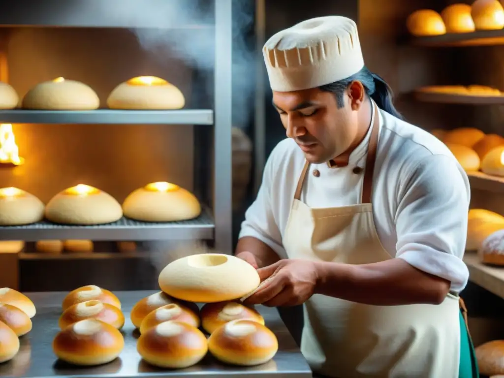 El experimentado panadero peruano moldea con destreza el pan de yema en una bulliciosa panadería artesanal de Lima