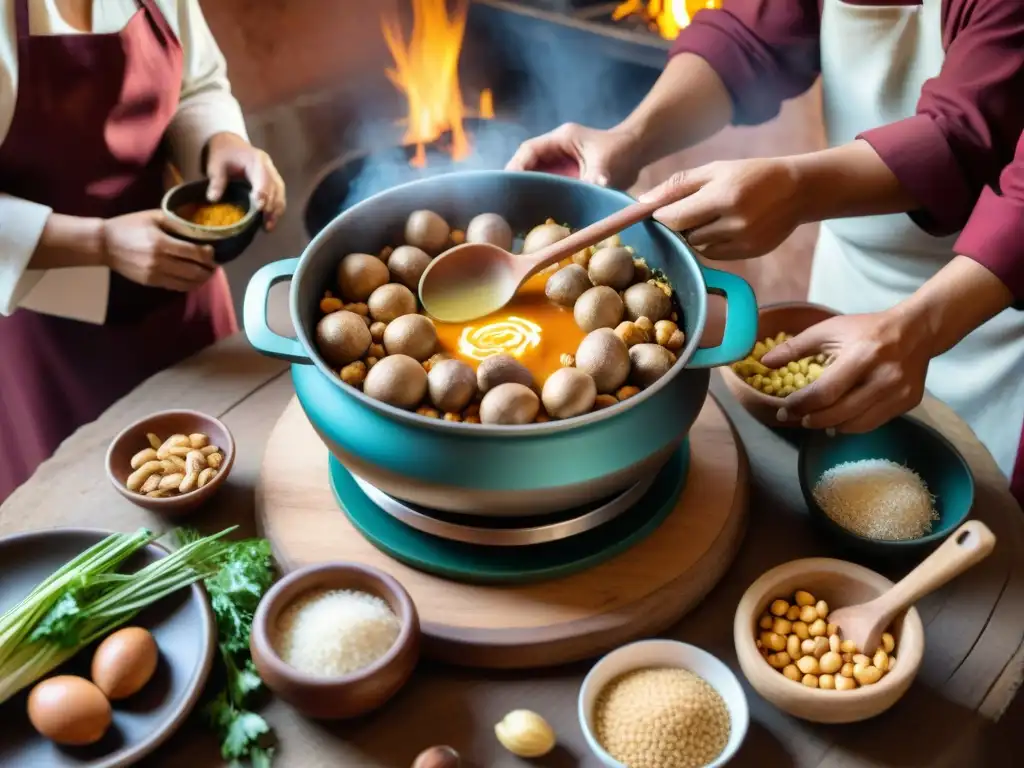 Experimentados chefs peruanos preparan carapulcra en cocina tradicional