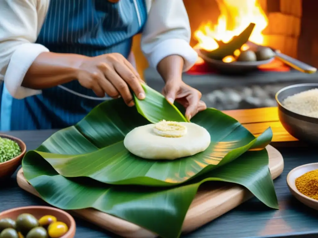 La experta cocinera prepara tamales costeños en cocina tradicional peruana