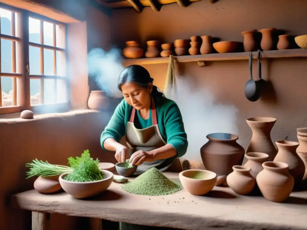 Una experta mujer indígena muele hierbas andinas en una cocina tradicional, creando una escena vibrante y aromática