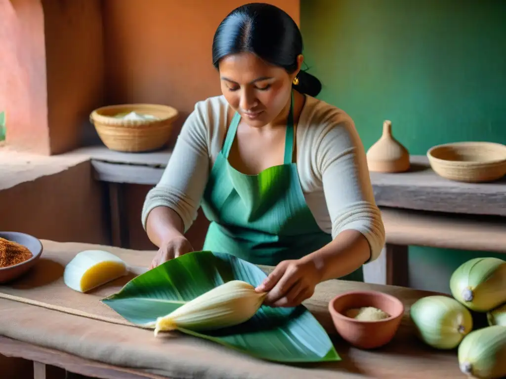 Una experta mujer indígena preparando tamales andinos con destreza al amanecer en una cocina tradicional andina