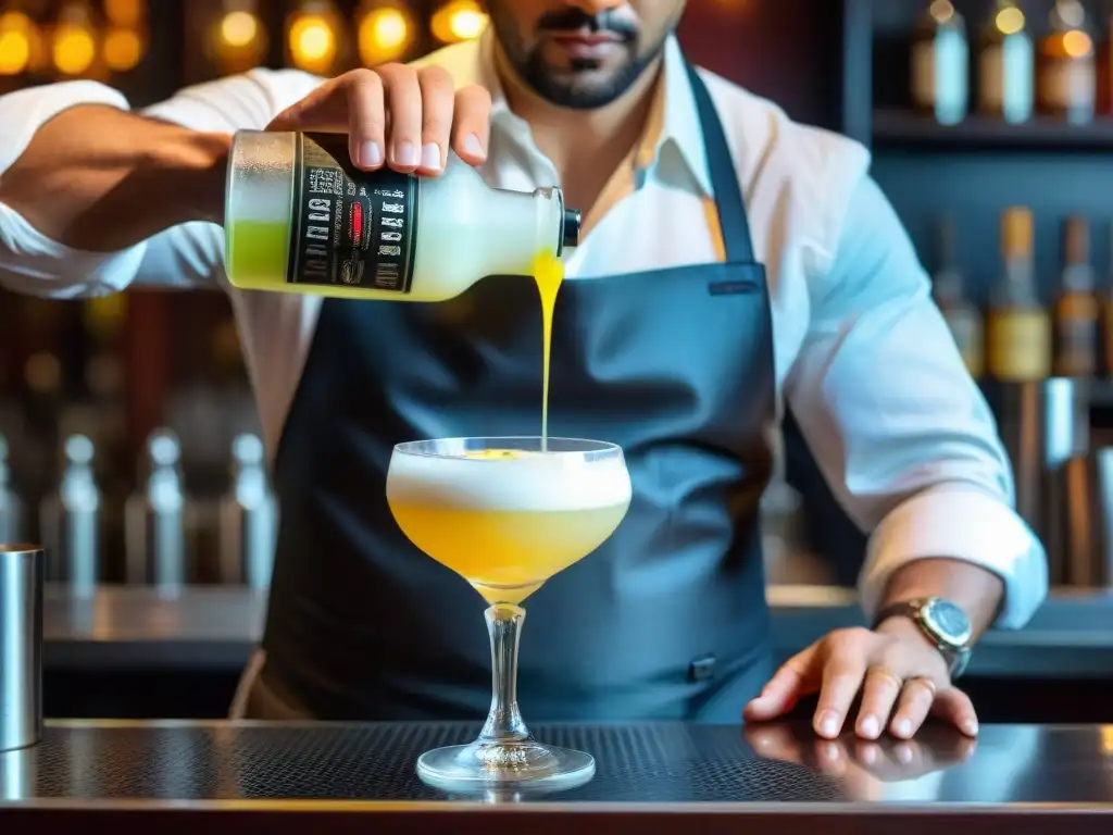 Preparación experta de pisco sour en Frank Bar: coctelería de autor con sabor peruano