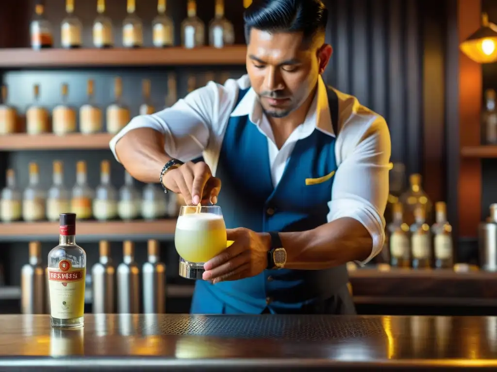Elaboración experta de pisco sour en bar rústico, resaltando la importancia del pisco en Perú