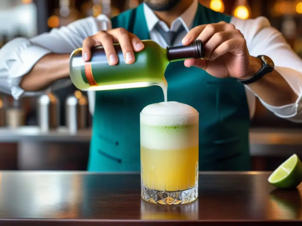 Elaboración experta de pisco sour peruano, destacando la importancia del pisco en Perú