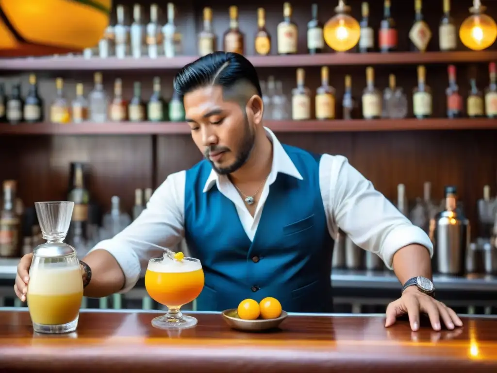 Un experto barman prepara una Algarrobina en un bar peruano