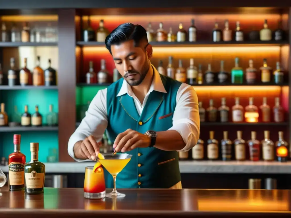 Un experto bartender prepara una Algarrobina en un bar peruano